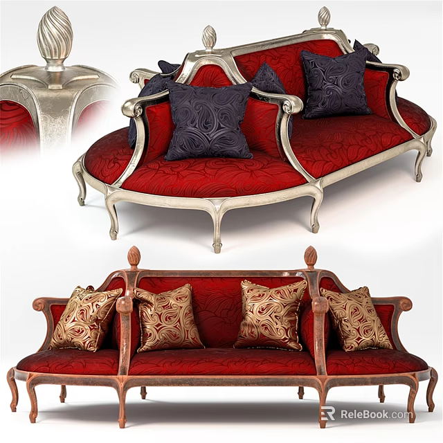 Luxury Red Double Sofa With Ornate Metal Frame And Decorative Pillows 3d model 