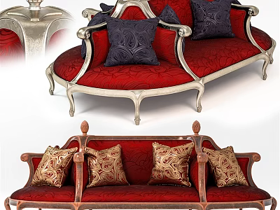 Luxury Red Double Sofa With Ornate Metal Frame And Decorative Pillows 3d model