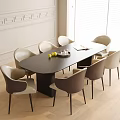 Modern Dining Table Set With Black Oval Tabletop And Six Beige Brown Chairs 3d model