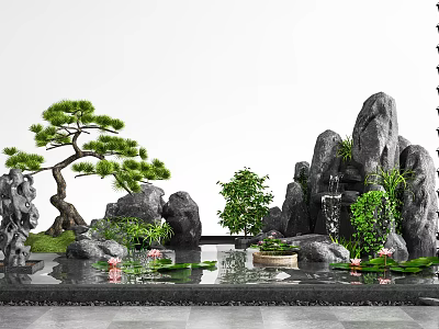 Natural Rockery Stones with Pine Tree Small Waterfall and Water Lilies in Garden Pond 3d model