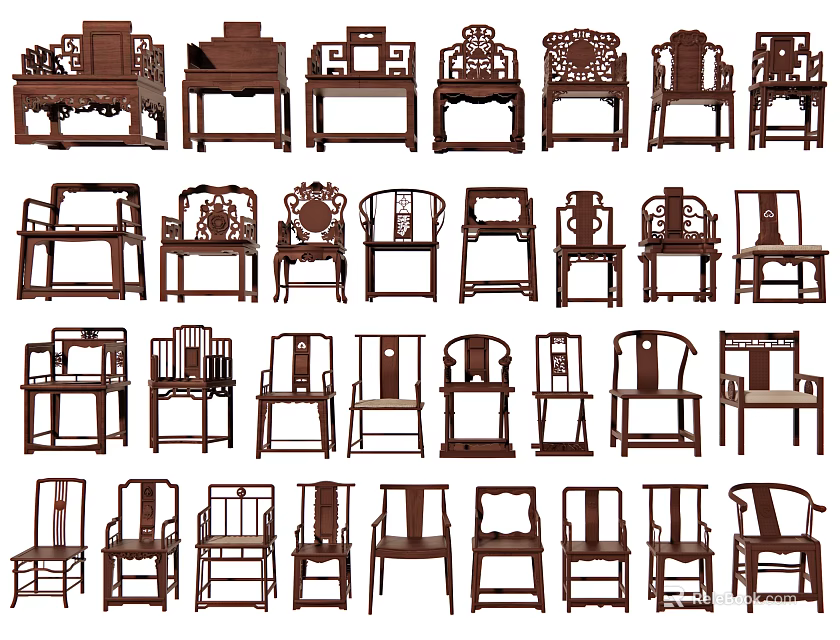 Leisure Chairs Traditional Chinese Wooden Design Various Styles With Carved Backrest And Armrest 3d model 