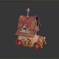 Cartoon Toy Car With Red Tiled Roof Orange Body Windows And Red Wheels