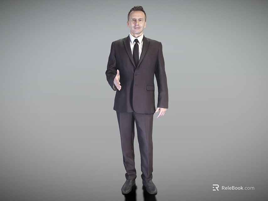 Man in Dark Suit Standing Front Facing Making Greeting Gesture in Studio 3d model 
