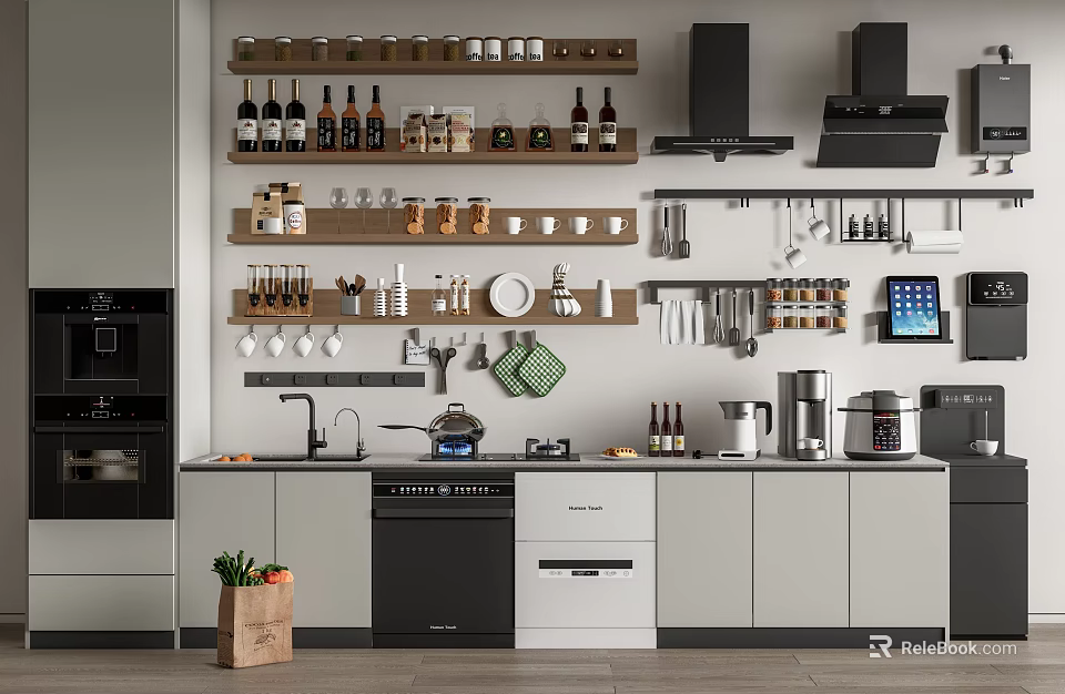 Modern Kitchen Interior With Wall Mounted Shelves Holding Various Cooking Utensils And Kitchenware On Countertop 3d model 
