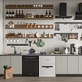 Modern Kitchen Interior With Wall Mounted Shelves Holding Various Cooking Utensils And Kitchenware On Countertop