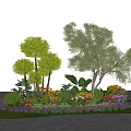 Colorful Garden Landscape With Various Flowers Trees Green Grass And Stone Path
