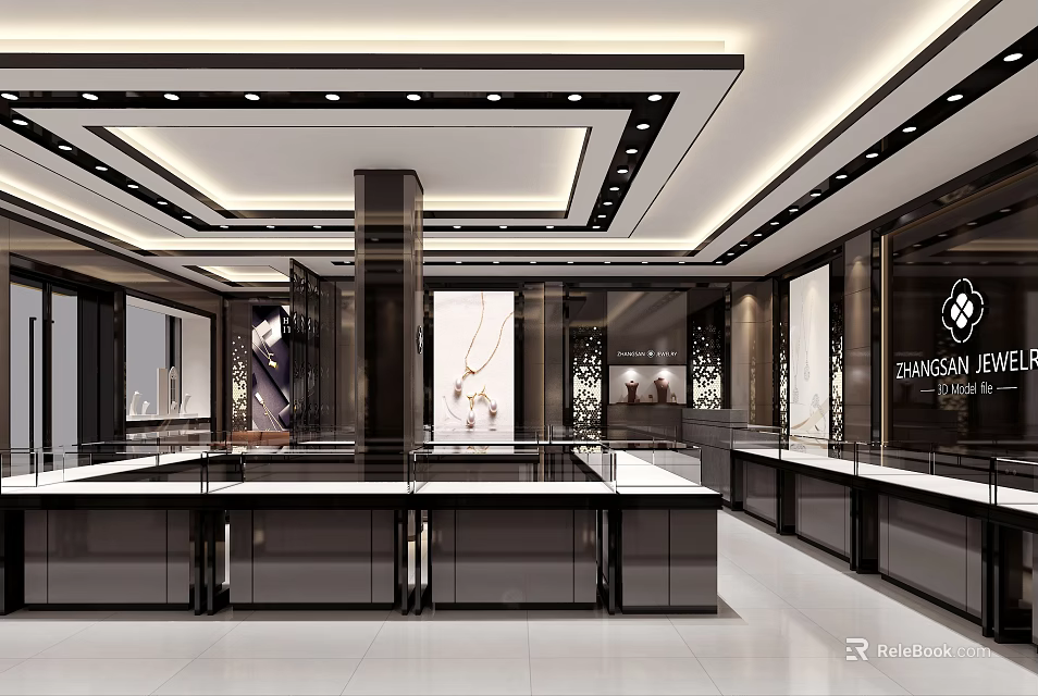 Elegant Modern Jewelry Store Interior With Glass Display Counters And Lighting 3d model 