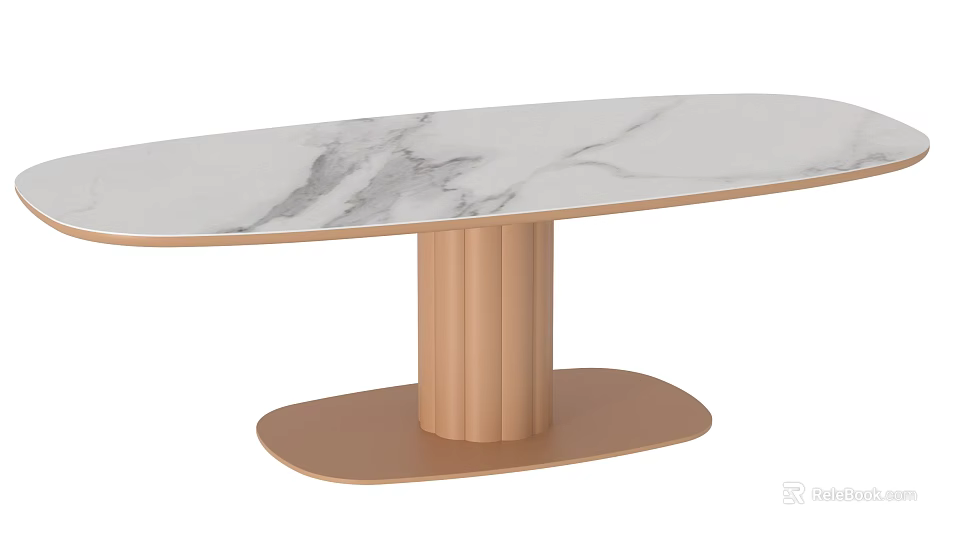 Modern Outdoor Table With White Marble Top Copper Cylindrical Legs And Oval Base 3d model