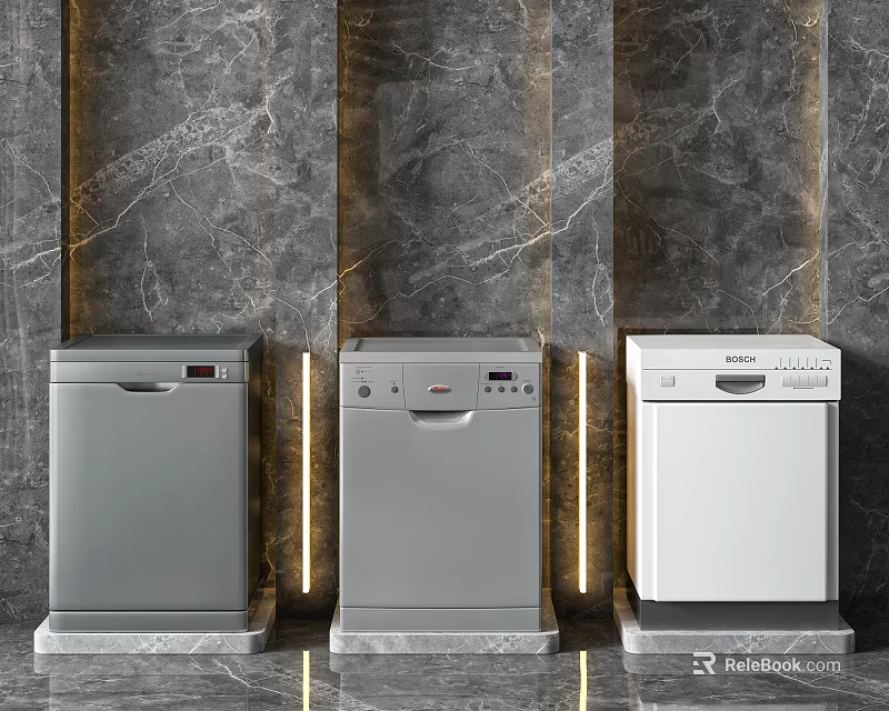 Modern Kitchen Dishwashers in Gray Silver White with Marble Wall and Accent Lighting 3d model 