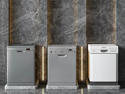 Modern Kitchen Dishwashers in Gray Silver White with Marble Wall and Accent Lighting 3d model