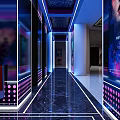 Fashionable KTV Corridor Interior With Neon Lights And Colorful Decorations
