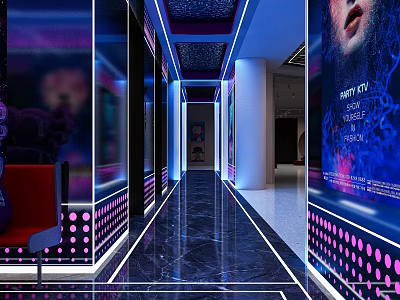 Fashionable KTV Corridor Interior With Neon Lights And Colorful Decorations 3d model