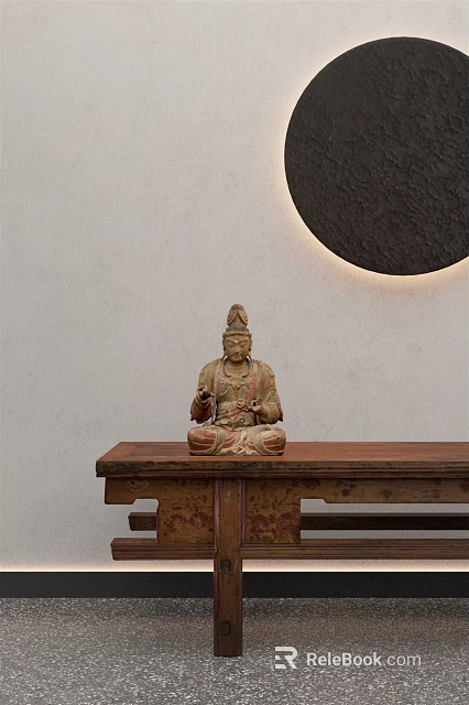 Seated Buddha Sculpture Carving On Wooden Table With Circular Wall Decoration 3d model 