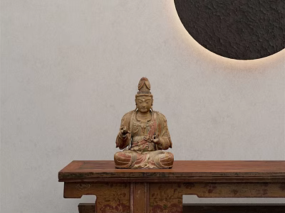 Seated Buddha Sculpture Carving On Wooden Table With Circular Wall Decoration 3d model