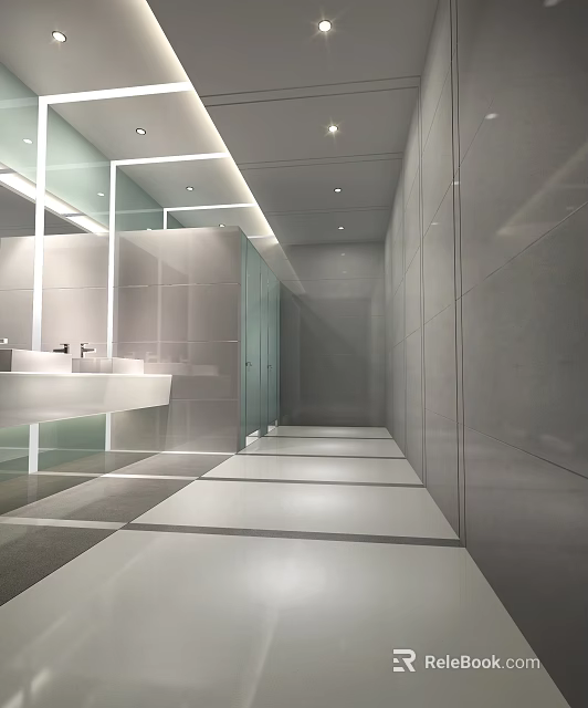 Modern Hotel Bathroom Interior With Long White Vanity Mirrors Glass Partition Gray Walls And Floors 3d model 
