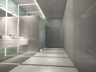 Modern Hotel Bathroom Interior With Long White Vanity Mirrors Glass Partition Gray Walls And Floors 3d model
