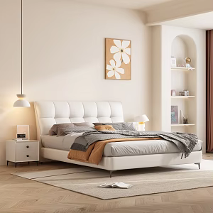 Double Bed Leather Soft Bag Double Bed Cream Style Master Bed Leather Bedroom Bedside Cabinet Bedding 3d model