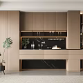 Modern Wooden Wine Cabinet Interior With Black Marble Countertop Wine Glasses And Palm Plant