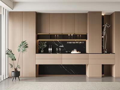 Modern Wooden Wine Cabinet Interior With Black Marble Countertop Wine Glasses And Palm Plant 3d model