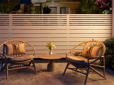 Cozy Garden Landscape With Wicker Chairs Small Round Table Flower Vase And White Fence 3d model