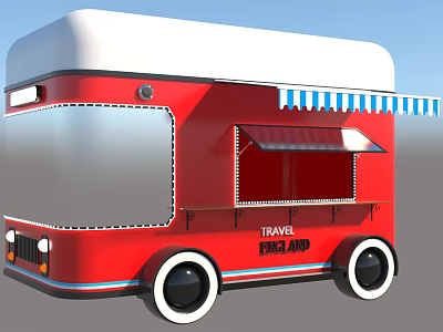 Red Mobile Utility Vehicle With Blue White Striped Awning Silver Windows And Travel Enjoy Signage 3d model