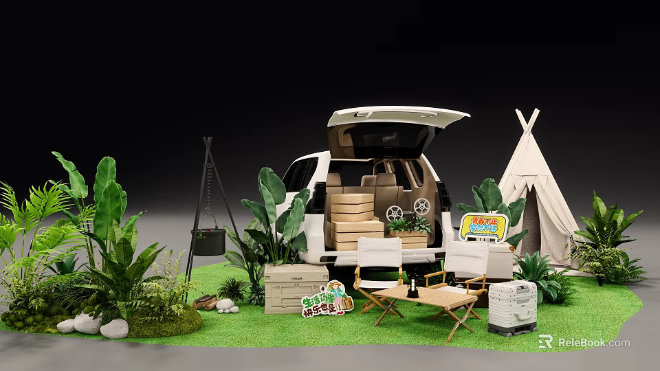 Commercial Equipment Transportation Vehicle With Outdoor Camping Setup And Storage Boxes 3d model 