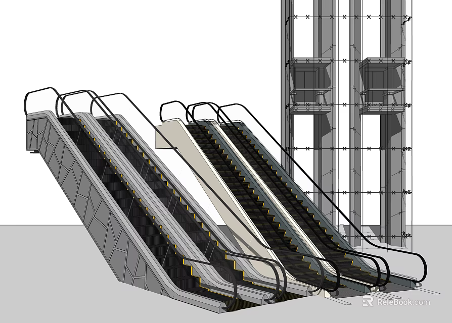 Modern Parallel Escalators With Black Handrails And Yellow Edge Steps 3d model 