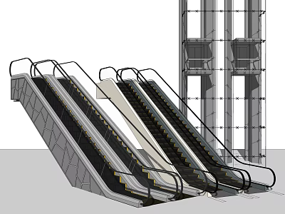 Modern Parallel Escalators With Black Handrails And Yellow Edge Steps 3d model