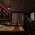 Modern Bedroom Interior With Bed TV Projector Curtains Shelves And Ambient Lighting