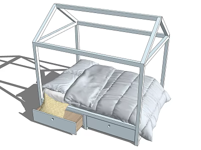 House Shaped Kids Bed Frame With Storage Drawers And Comfortable Mattress 3d model