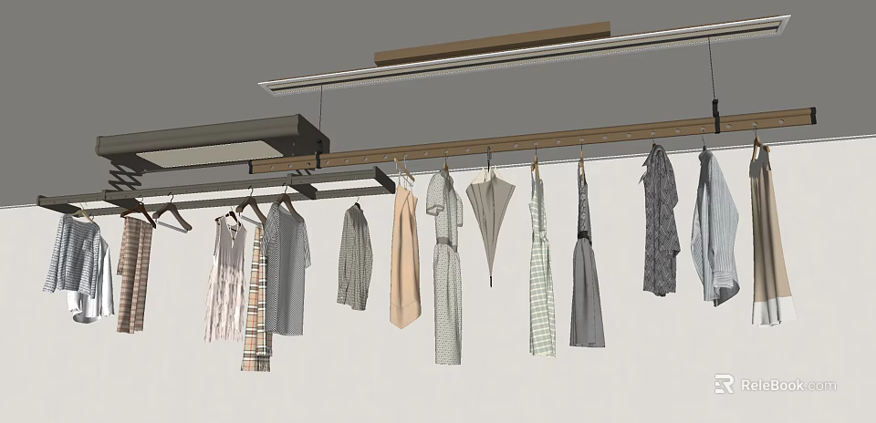 Ceiling Mounted Clothes Hanger Holding Different Patterned Dresses and Shirts in Modern Closet Setup 3d model 