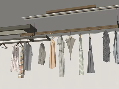 Ceiling Mounted Clothes Hanger Holding Different Patterned Dresses and Shirts in Modern Closet Setup 3d model