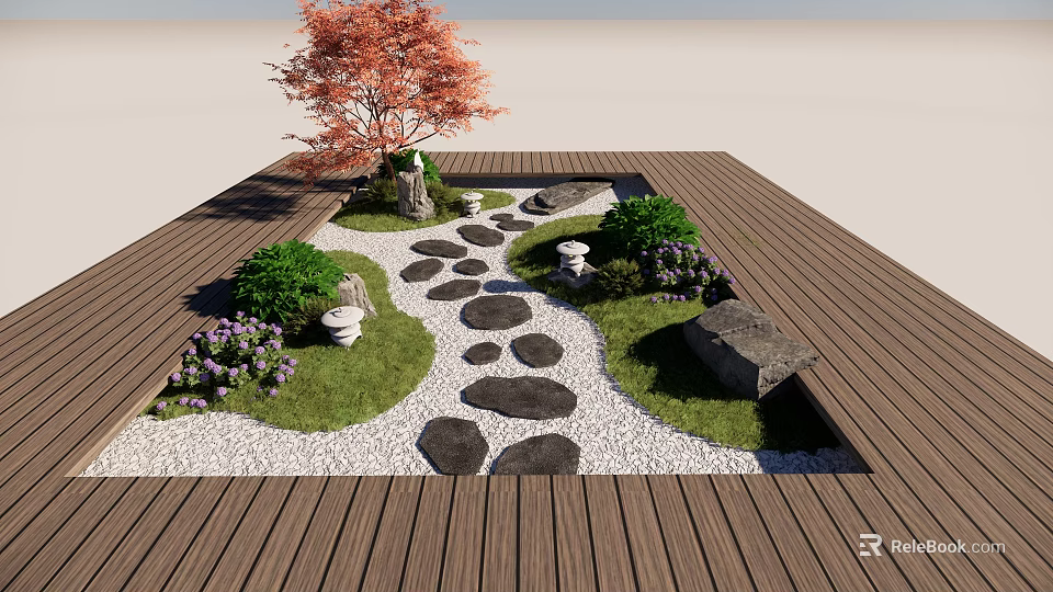 Garden Decor Featuring Wooden Deck Red Maple Tree Stone Path Pebbles And Purple Flowers 3d model 