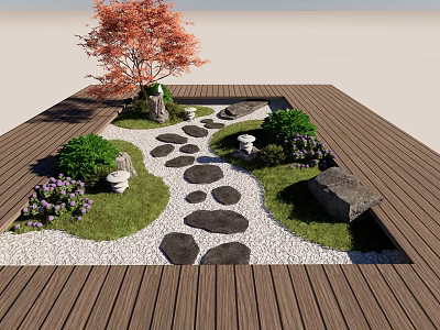 Garden Decor Featuring Wooden Deck Red Maple Tree Stone Path Pebbles And Purple Flowers 3d model