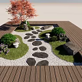 Garden Decor Featuring Wooden Deck Red Maple Tree Stone Path Pebbles And Purple Flowers