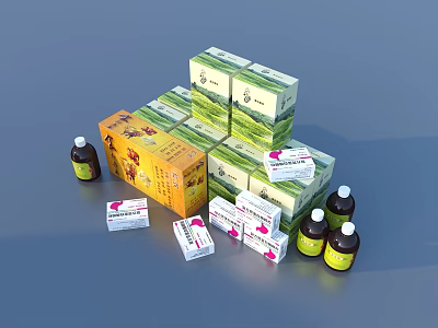 Household Daily Essentials With Stacked Green Boxes And Brown Bottles 3d model