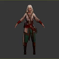 Woman With White Long Hair In Red Green Outfit And Belt Accessories Standing
