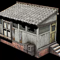 Old Wooden Building With Weathered Tile Roof Aged Walls Broken Windows And Brick Base