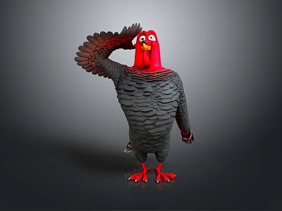 Cartoon Turkey Character With Red Head Black Feathers Raised Wing And Red Feet 3d model