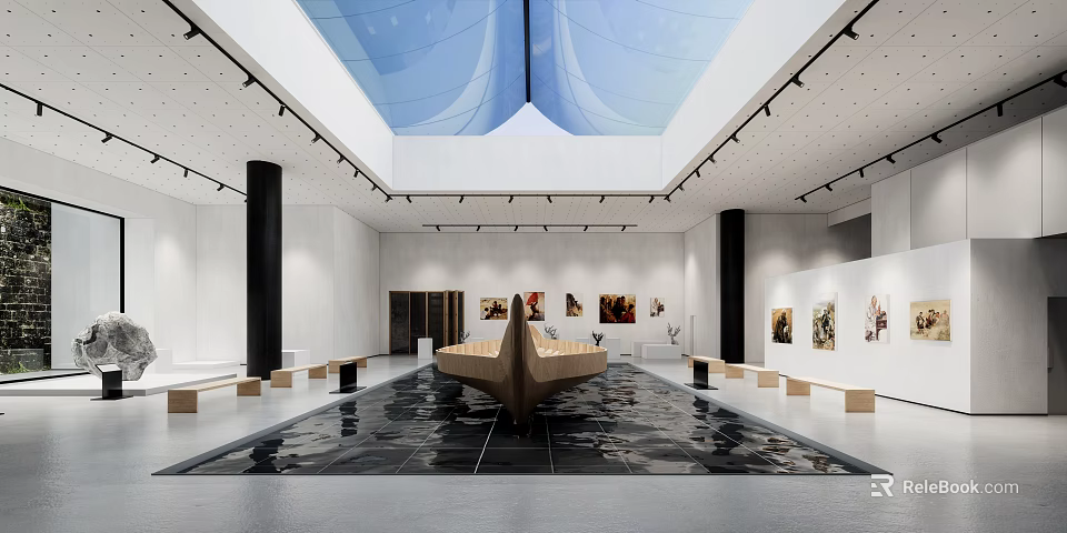 Cultural Center Interior Featuring Boat Shaped Installation Blue Skylight And Paintings On White Walls 3d model 