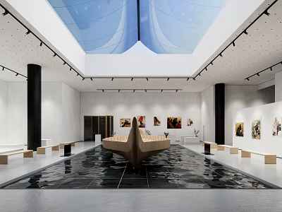 Cultural Center Interior Featuring Boat Shaped Installation Blue Skylight And Paintings On White Walls 3d model