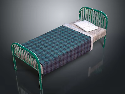 Green Metal Bed Frame Bedroom Furniture With Cozy Plaid Blanket And White Pillow 3d model