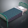Green Metal Bed Frame Bedroom Furniture With Cozy Plaid Blanket And White Pillow