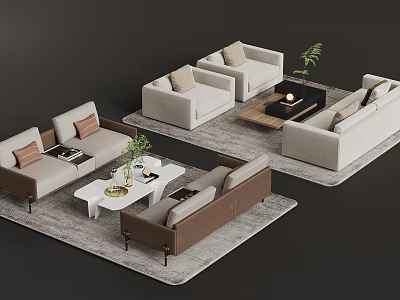 Modern Sofa Coffee Table Set Interior With Neutral Tones Comfortable Seats Pillows And Green Plants 3d model