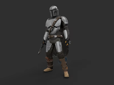 Mandalorian Game Movie Character in Silver Armor with Blaster and Helmet 3d model