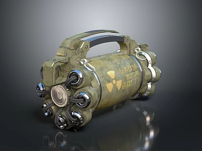 Military Weapon Design With Metallic Body Radioactive Symbol Multiple Circular Components And Handle 3d model