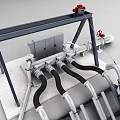 Industrial Equipment Structural Arrangement With Metal Support Frame Blue Machinery Units And Pipes