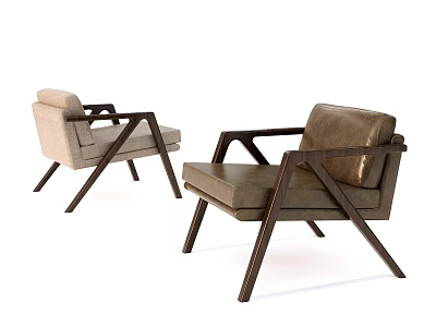 Modern Leisure Chairs With Wooden Frame Cross Leg Design Brown Leather And Beige Fabric Upholstery 3d model