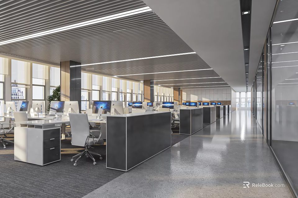 Modern Public Office Interior With Open Workstations Computers Ergonomic Chairs And Large Windows 3d model
