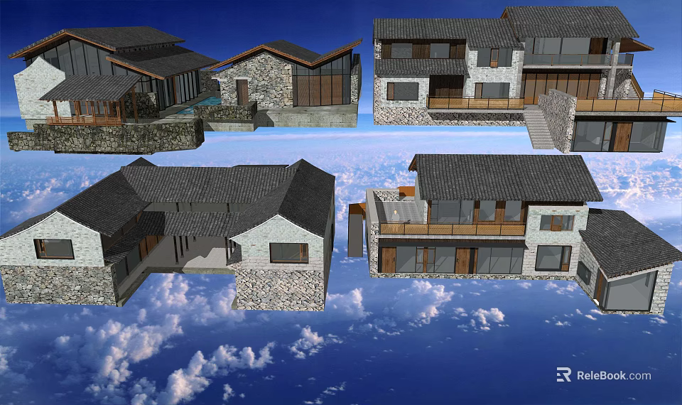 Traditional Rustic Guesthouse Architecture In Natural Surroundings With Stone Walls Gray Roofs And Wooden Elements 3d model 